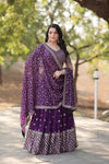 Purple Georgette Embellished Foil Printed Tiered Lehenga Choli Set